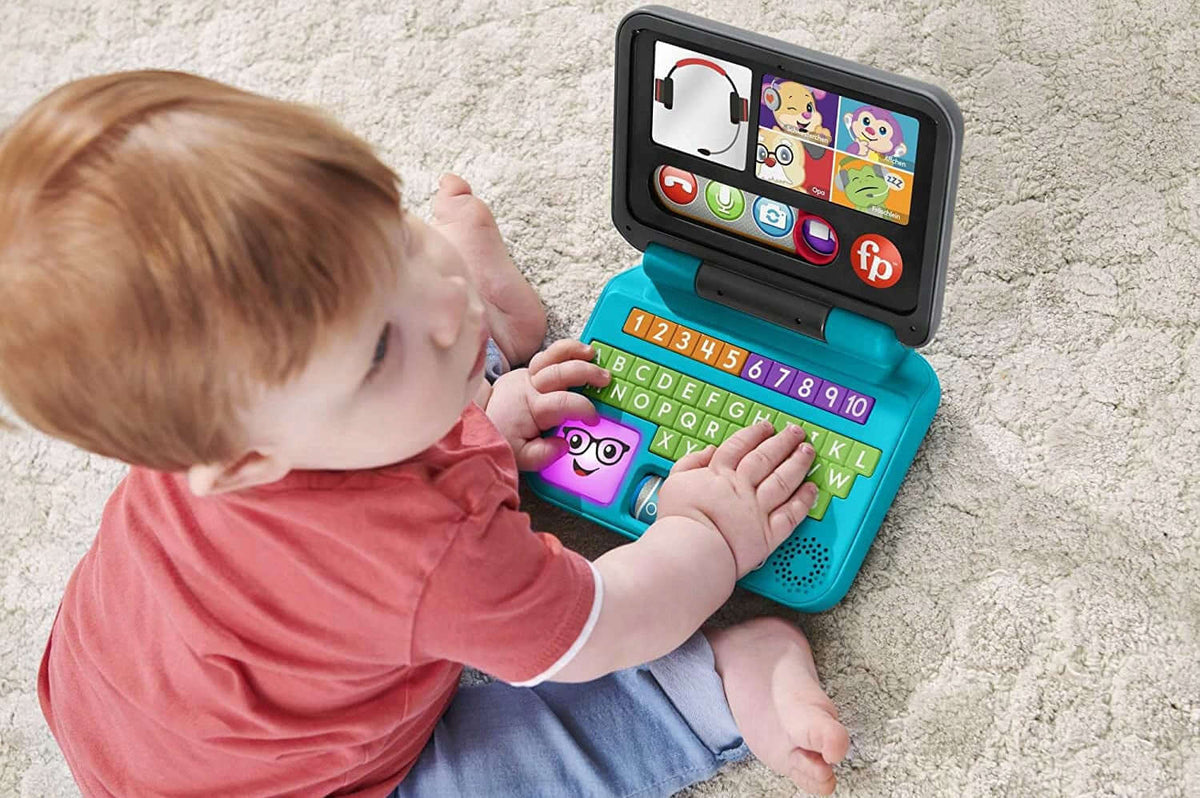 FISHER-PRICE laptop interaktywny J.NIEMIECKI 6m+ dla niemowląt, kolorowy edukacyjny laptop z klawiszami