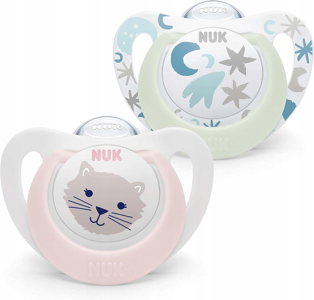 NUK STAR Day & Nightsoother x2, storage boxage 0-6mscsiliconeBPA and BPS freein nearly perfect, post-sale