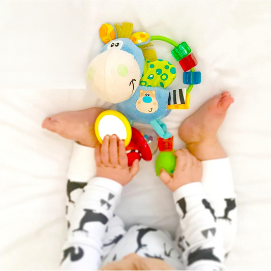 PLAYGRO Clip Clop senzorická hračka s hrkálkou, zrkadielkom a úchytkou