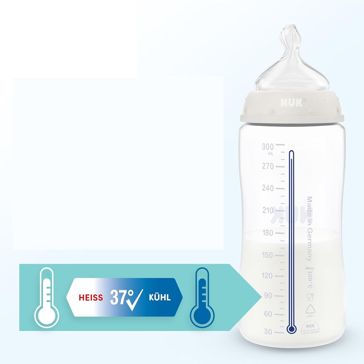 NUK First Choice fľaša 300 ml, cumlík M so stredným prietokom, od 3 mesiacov, VEĽRYBA