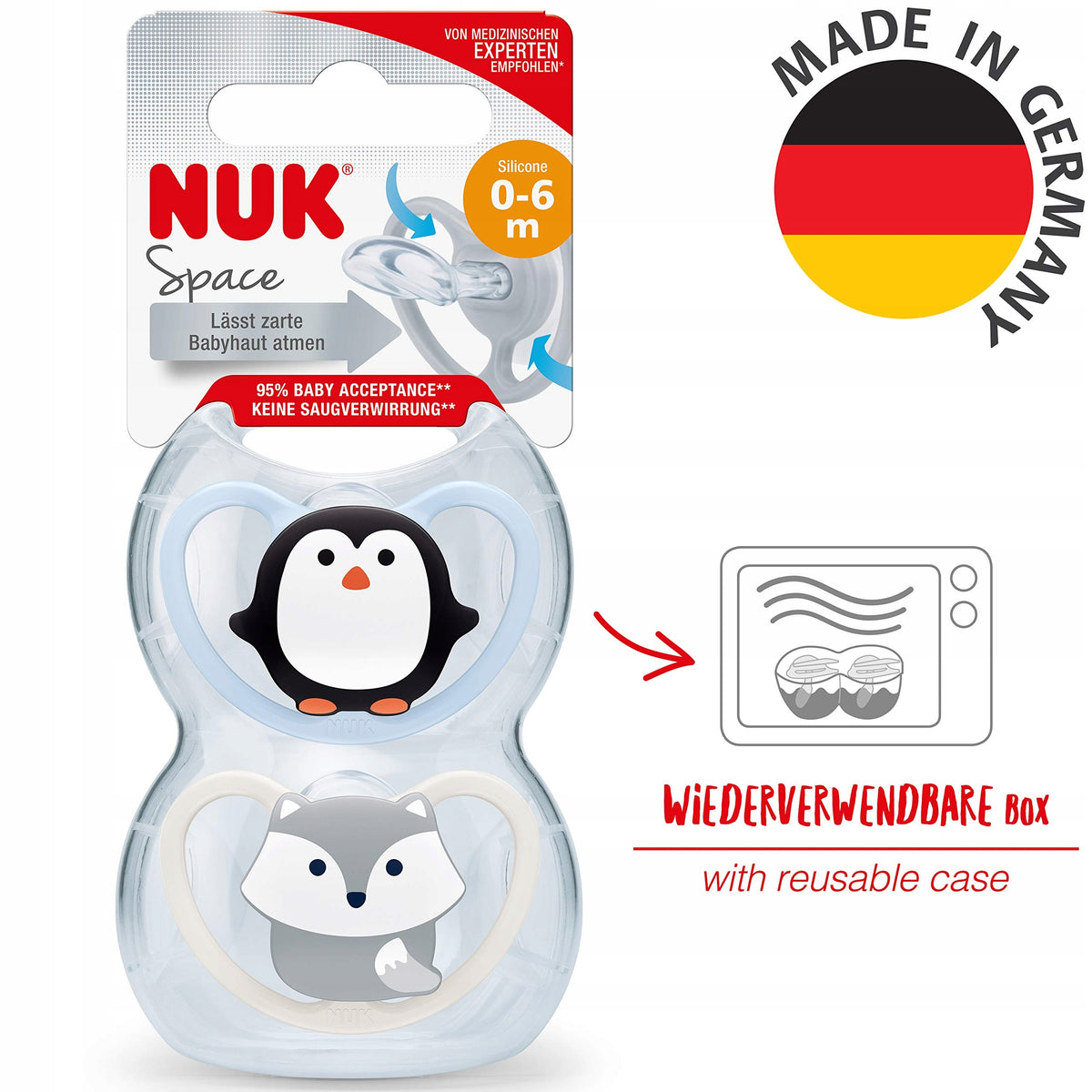 NUK Space upokojujúci silikónový cumlík x2 0-6 mesiacov + box