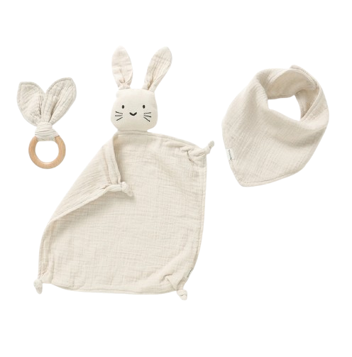 NUDU BABY bavlnený mojkáčik + hryzadlo a podbradník KRÁLIK 28 cm