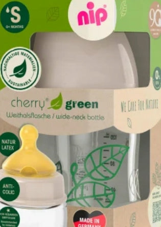 NIP Cherry Green biberon din sticlă 120 ml 0+ tetină latex S