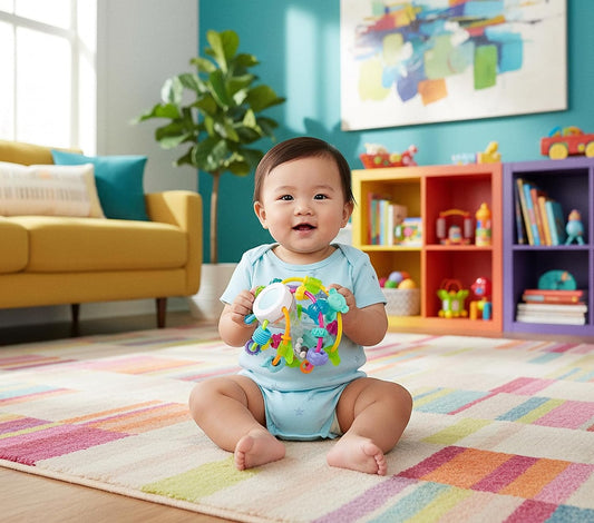 PLAYGRO Play and Learn Ball hryzátko a úchopová hračka s hrkálkou a zrkadielkom 14 cm – fotografia produktu 2