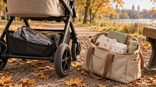 Stroller and changing bag with a spare cardigan, changing mat, cloth diaper and water bottle on an autumn path