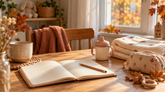 An open notebook and pencil on a wooden table, with a child's cup, blanket and small pouch in an autumn setting