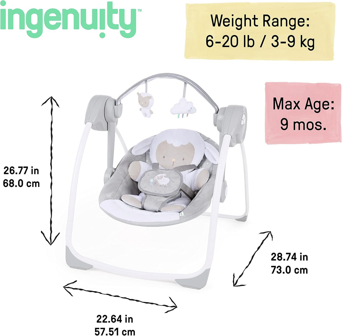 INGENUITY Comfort2GO ležadlo ZVUKY VIBRÁCIE Cuddle Lamb