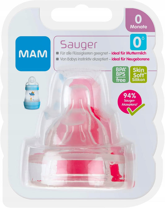 MAM smoczki do butelek 0msc x2 silikonowe smoczki BPA/BPS free do butelek szerokoszyjnych
