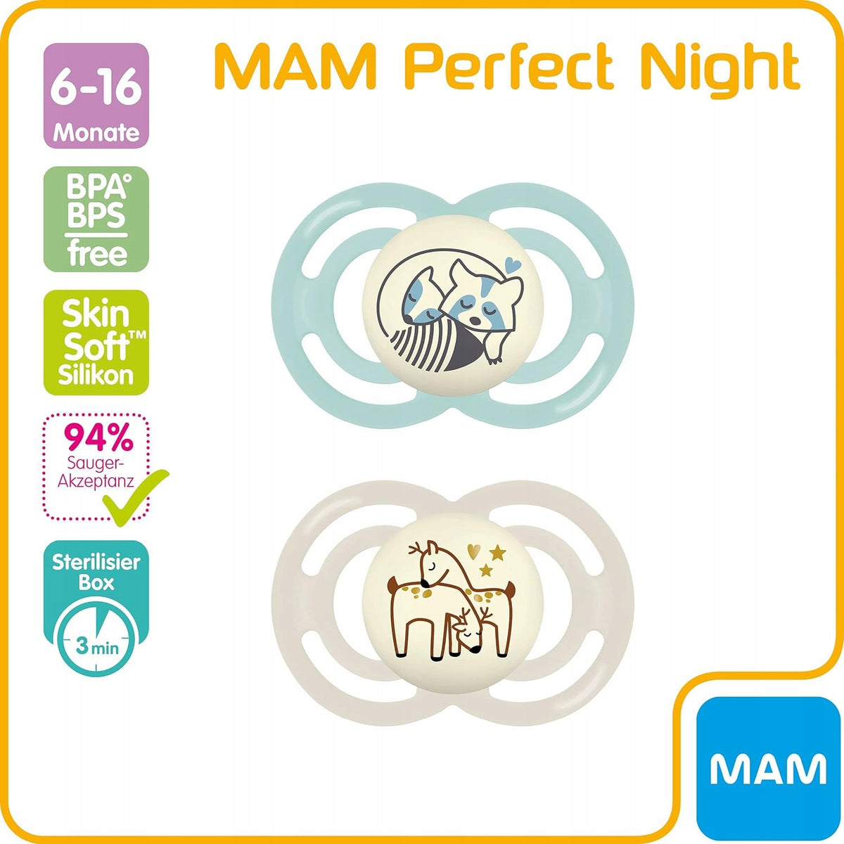 MAM Perfect Night upokojujúci cumlík x2 6-16 mesiacov + box