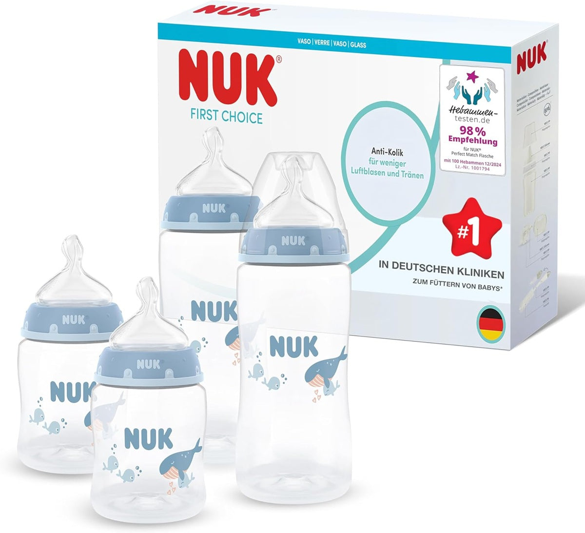 NUK First Choice súprava 4× fľaša 150/300 ml cumlíky S/M 0–3 m+ VEĽRYBA