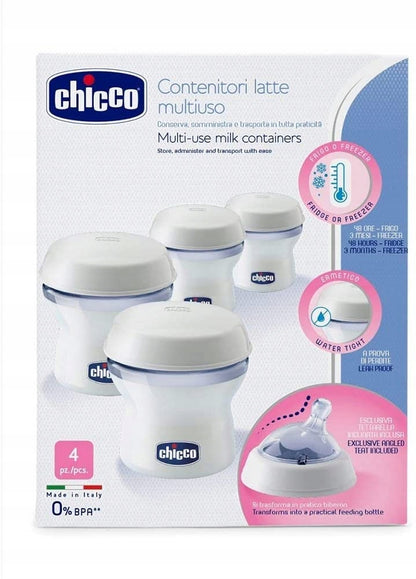 CHICCO nádoby na mlieko 4 x 150 ml + cumlík s uzáverom