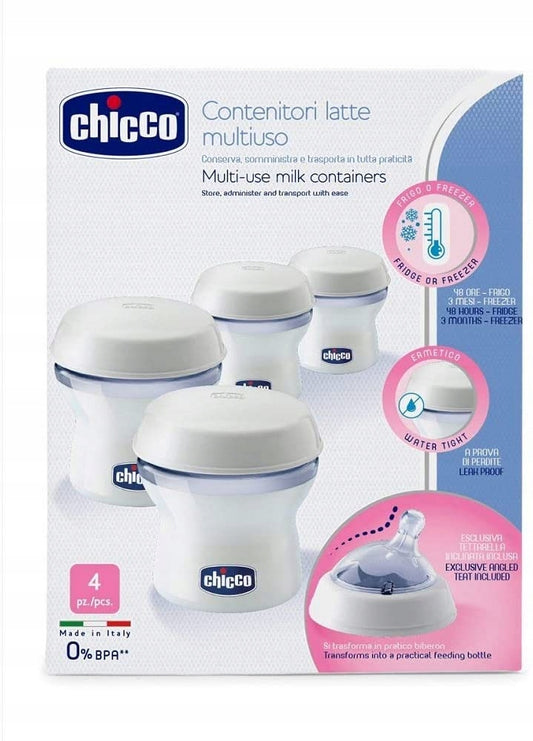 CHICCO nádoby na mlieko 4 x 150 ml + cumlík s uzáverom