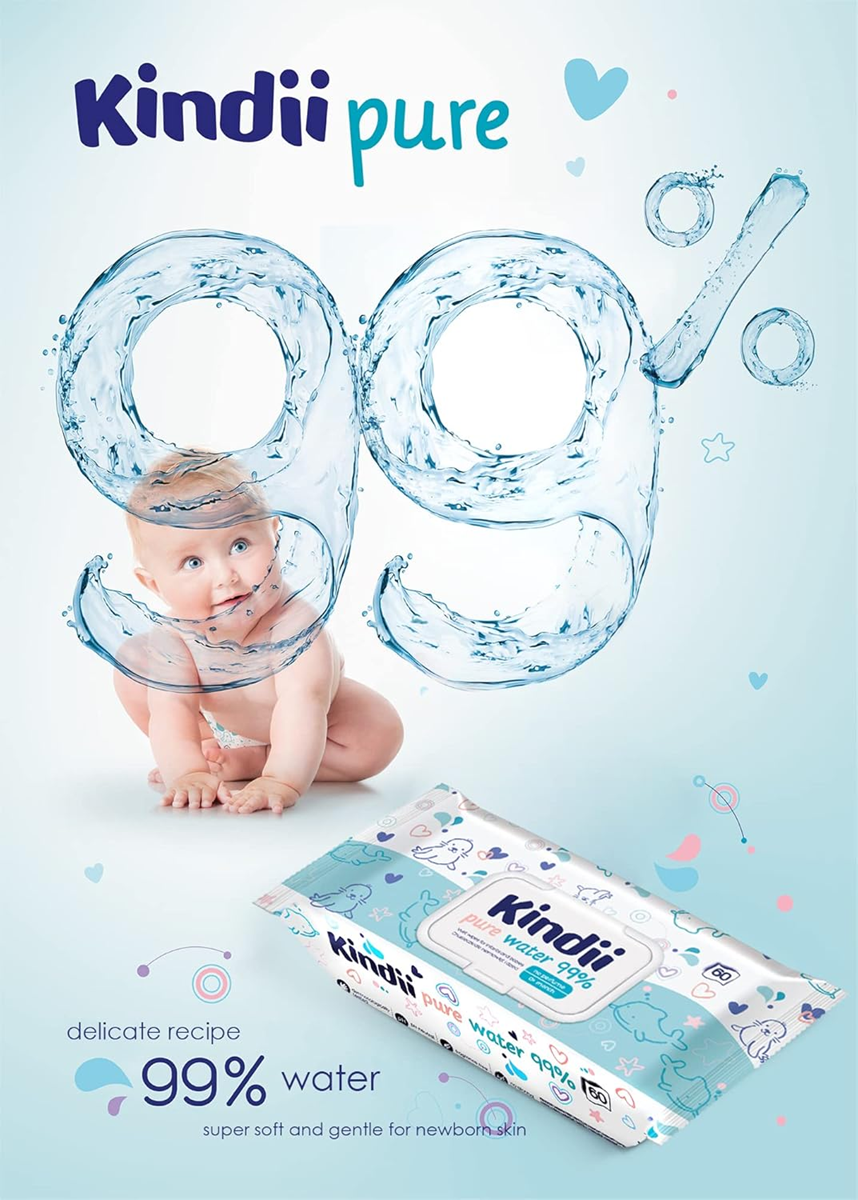 KINDII Pure Water 99 chusteczki nawilżane wodą x60