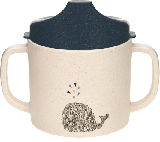 LASSIG Sippy Cup Little Water Whale hrnek s pítkem 150 ml 6 m+