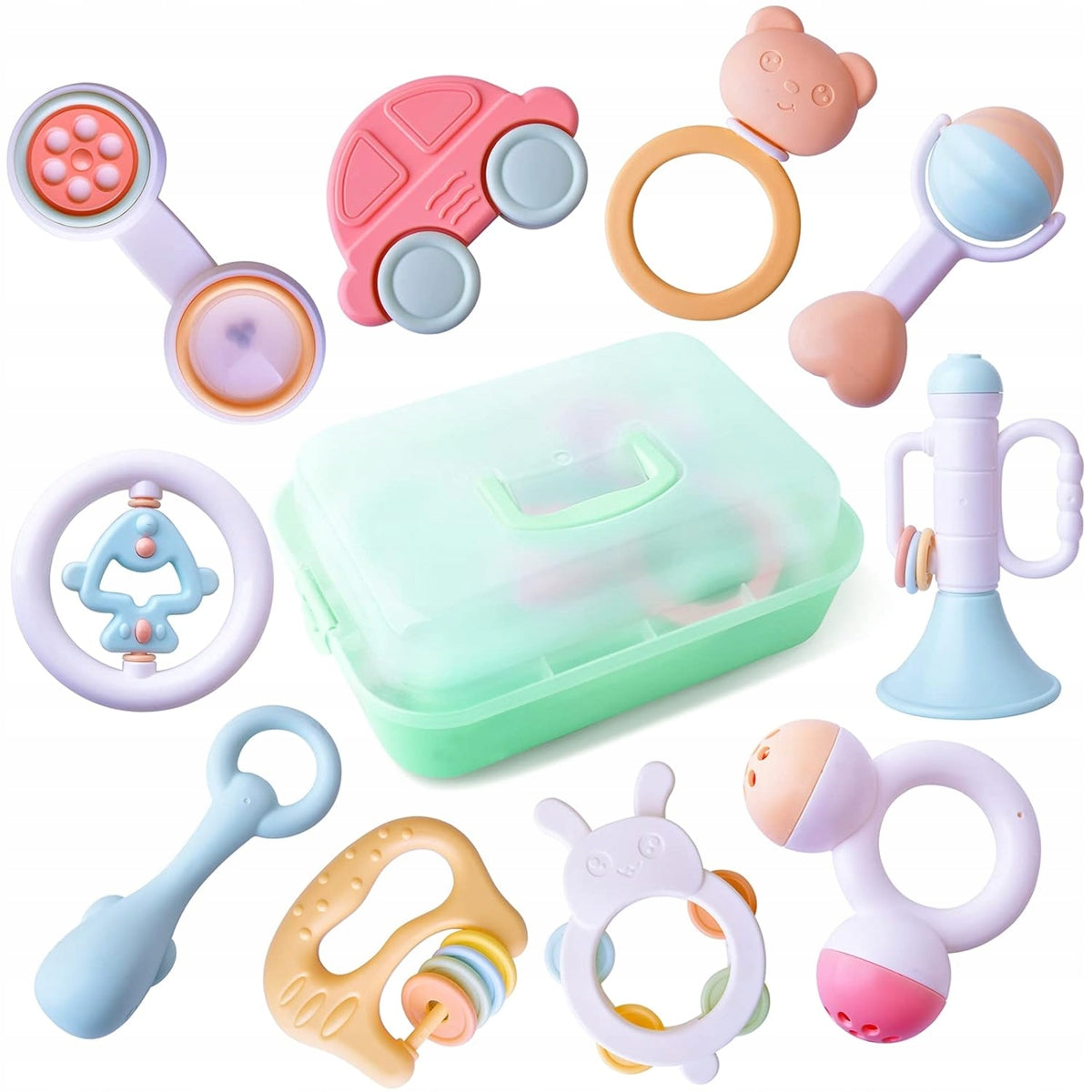 TOYABI Baby Rattles 10 darabos csörgőkészlet + tárolódoboz