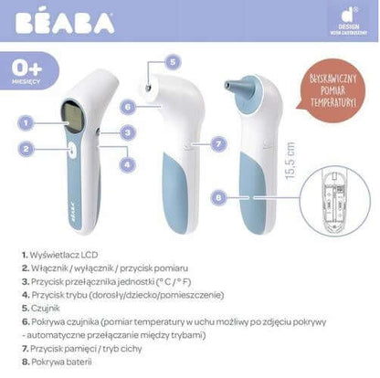 BEABA Thermospeed TERMOMETR BEZDOTYKOWY ekran LCD, bezdotykowy termometr z szybkim pomiarem temperatury