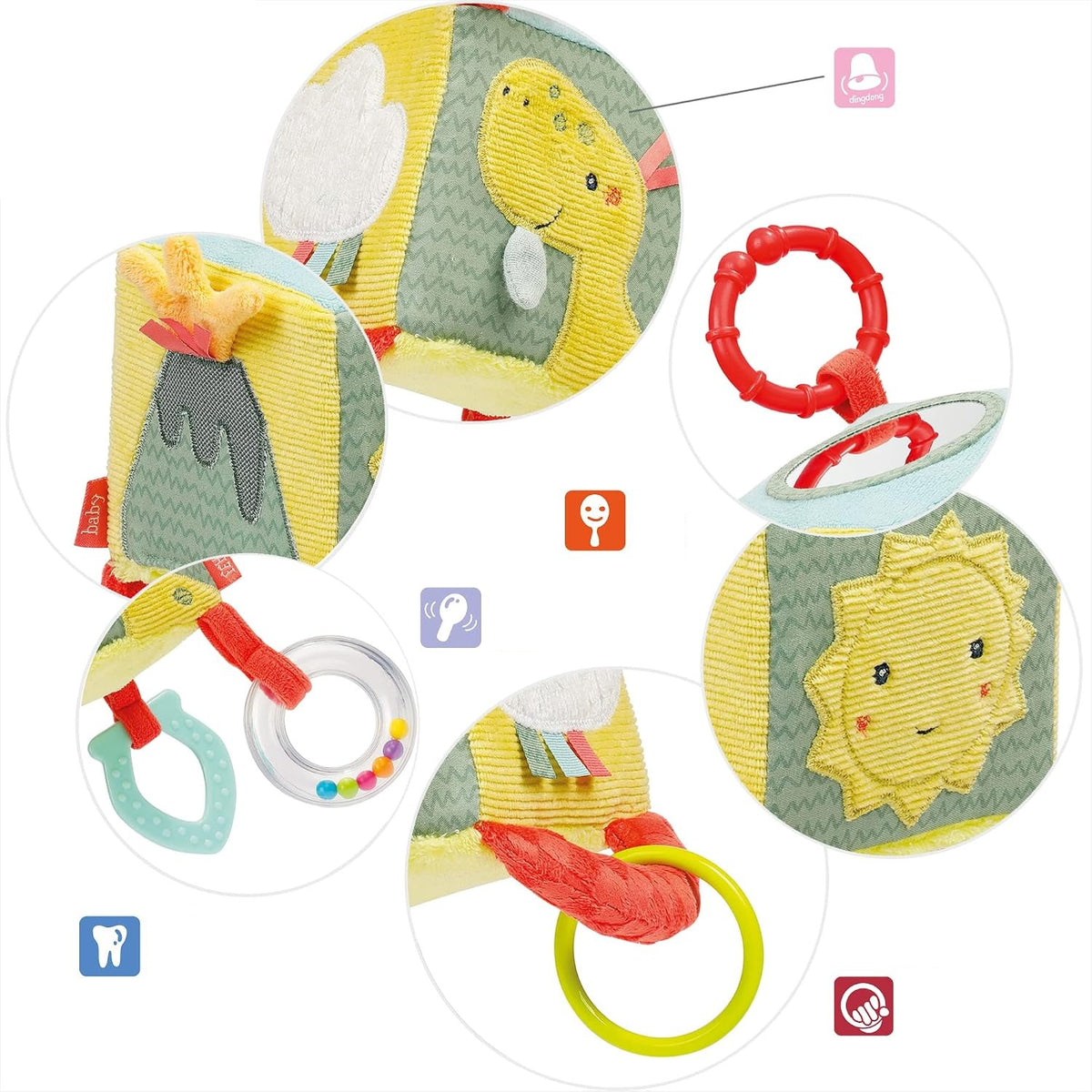 cube suspendu en peluche avec hochet FEHN Happy Dino 10 x 10 cm