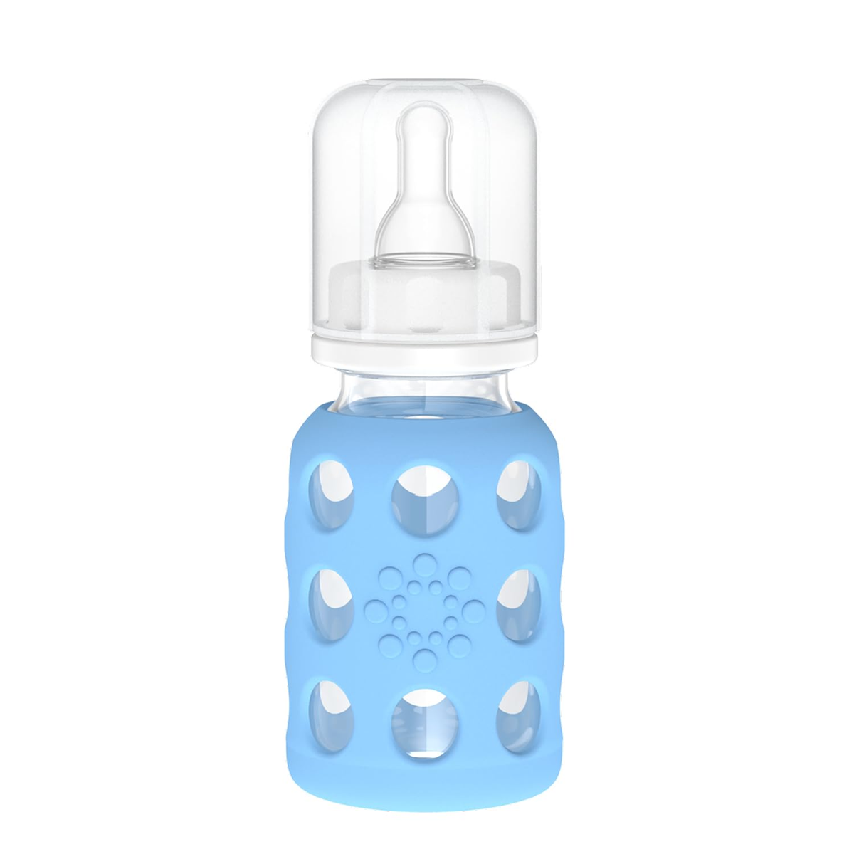 LifeFactory sklenená fľaša s puzdrom 120 ml 3 m+ cumlík 1