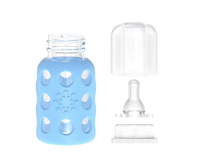 LifeFactory sklenená fľaša s puzdrom 120 ml 3 m+ cumlík 1
