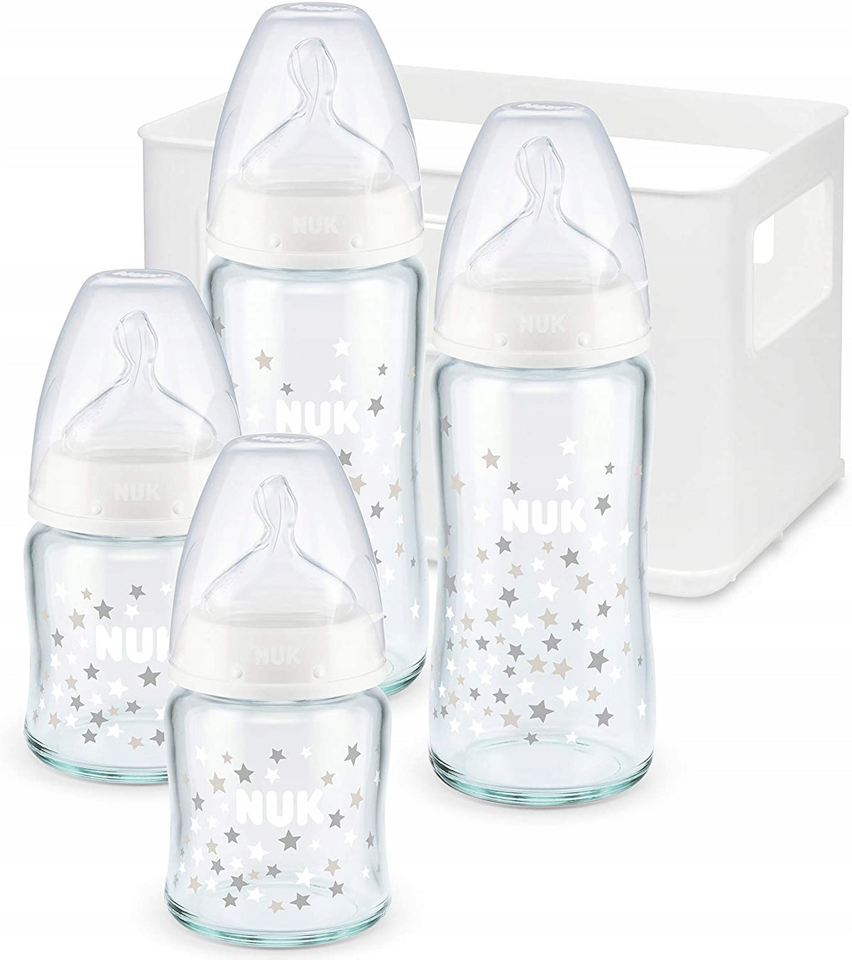 NUK First Choice+ štartovacia súprava 4 SKLENENÉ fľaše + organizačný košík 0-6 m