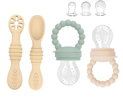 STONNYfruit teether x2, teaspoons x2age 3-24 mcolours green and beigewidth of teether 5.5 cm, length 10.5
