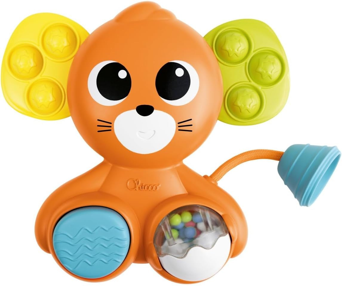CHICCO senzorická myška s hrkálkou a pískatkom Pop It 18 x 19 cm