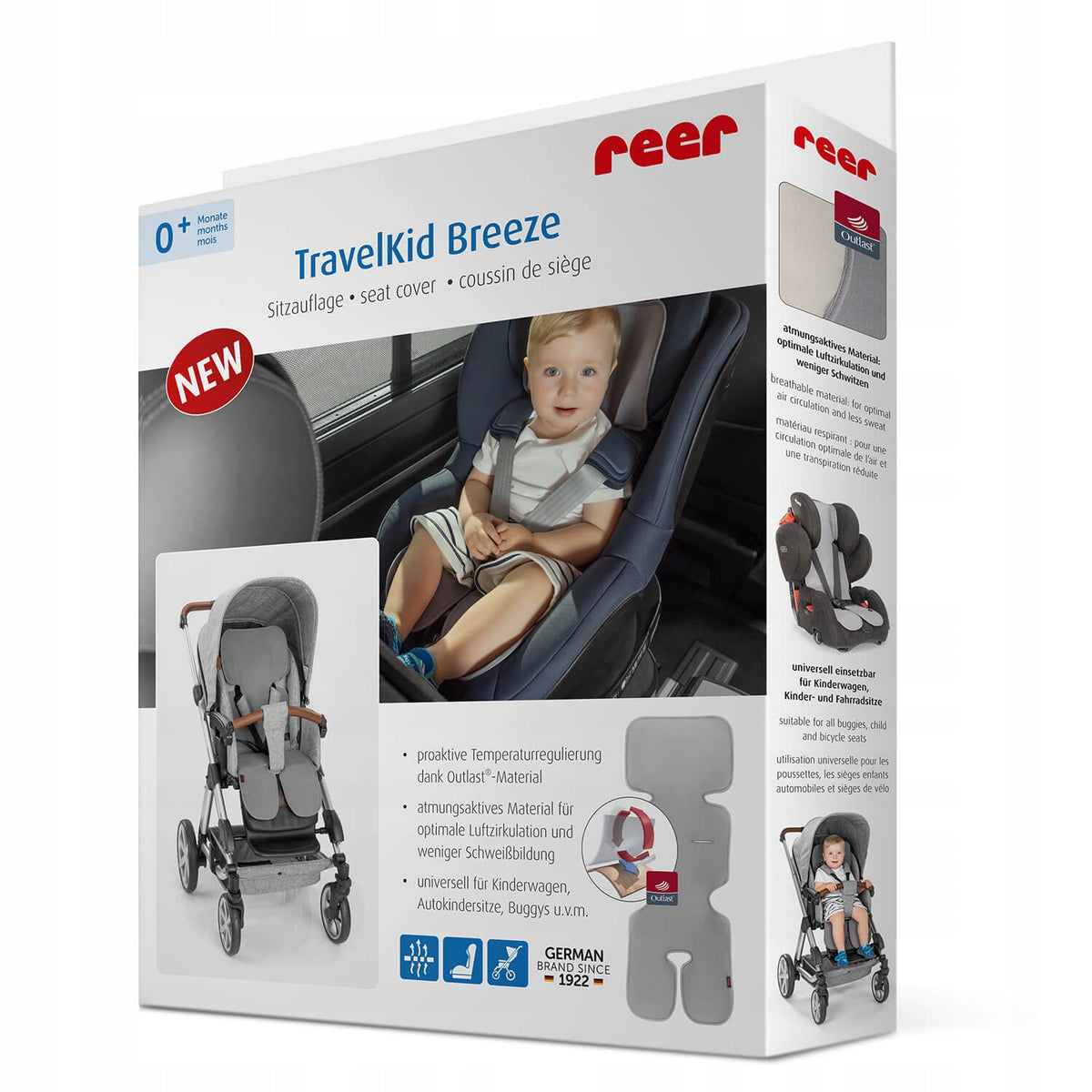 Oryginalne pude�ko Reer TravelKid Breeze ze zdj�ciami wk�adki w foteliku i w�zku.