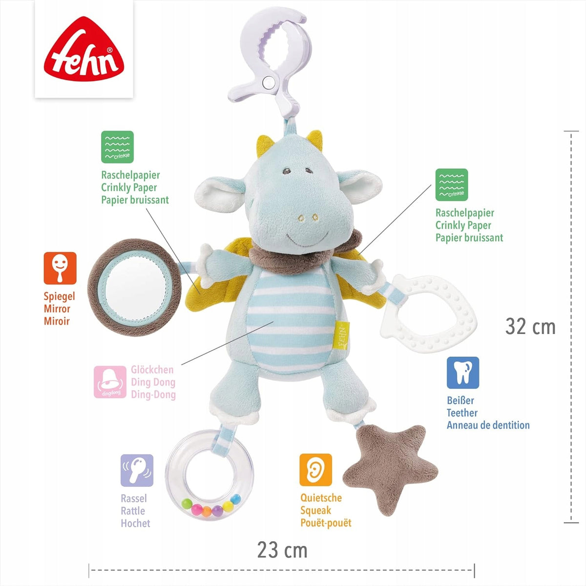 FEHN závesná hračka s hrkálkou DRAK 32x23 cm
