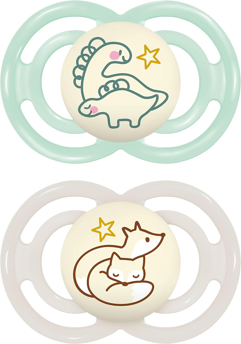 MAM Perfect Night orthodontic pacifiers glowing in the dark