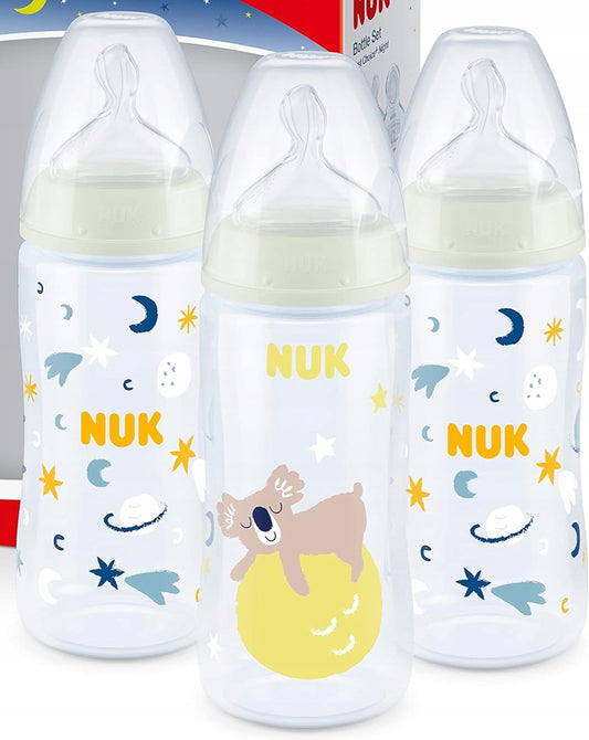 NUK First Choice+ Night súprava 3 svietiacich fliaš 300 ml 6-18 m cumlík M