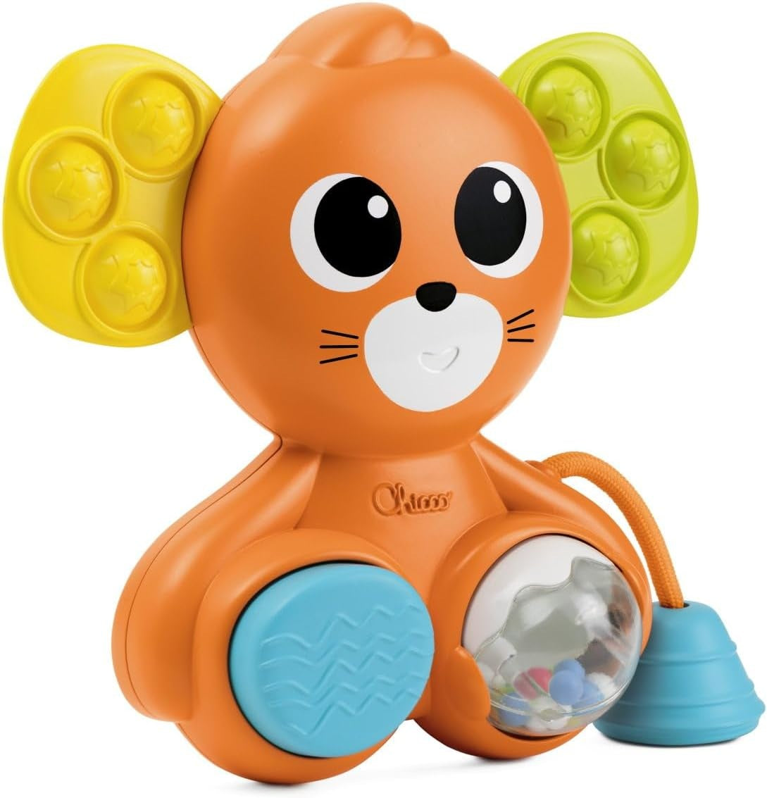 CHICCO senzorická myška s hrkálkou a pískatkom Pop It 18 x 19 cm