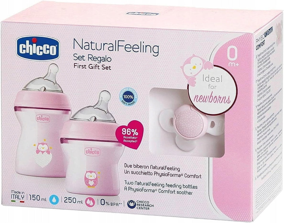 CHICCO súprava NaturalFeeling, fľaše 150 a 250 ml + cumlík 0+