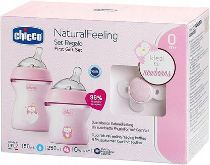CHICCO súprava NaturalFeeling, fľaše 150 a 250 ml + cumlík 0+