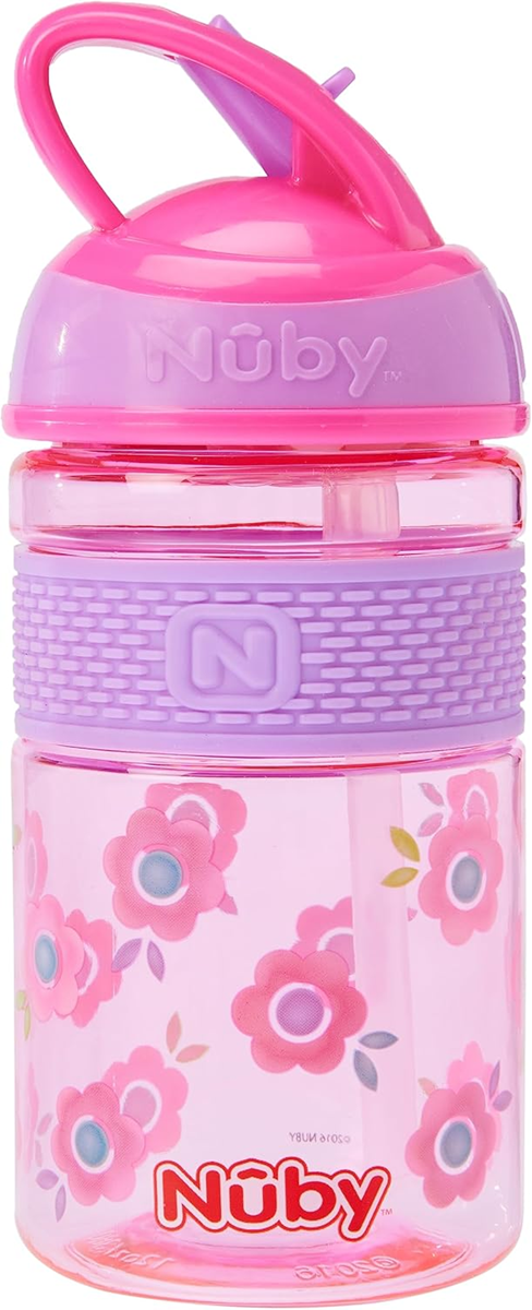 NUBY Hard Straw Cup tritánová fľaša so slamkou 3 l+ 360 ml, KVETY