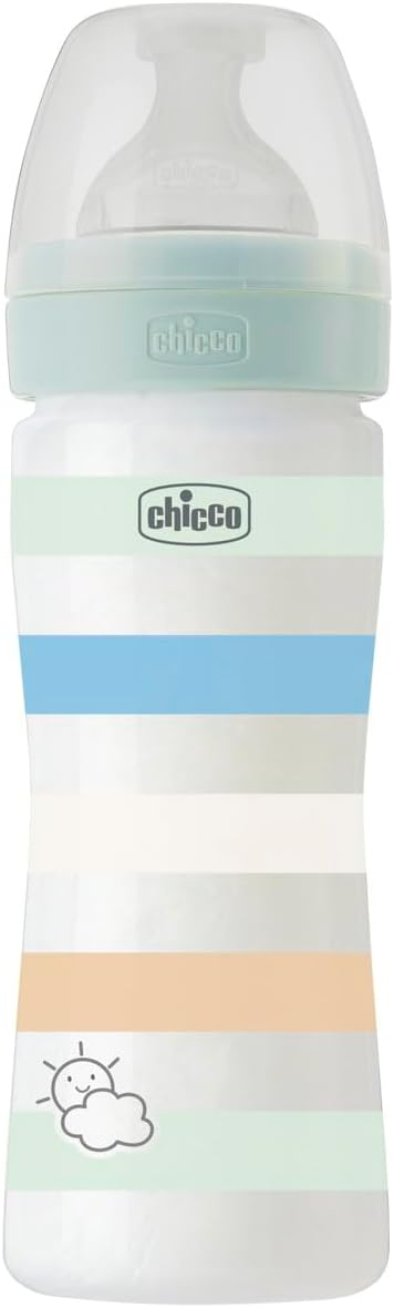 CHICCO Well-Being butelka 250ml 2m+ średni przepł. z antykolkowym smoczkiem i miękkim silikonem