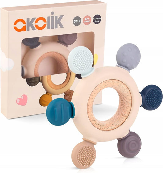AKOLIK silikónové a drevené masážne hryzátko 10,8 cm 3 m+