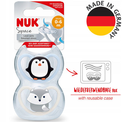 NUK Space upokojujúci silikónový cumlík x2 0-6 mesiacov + box