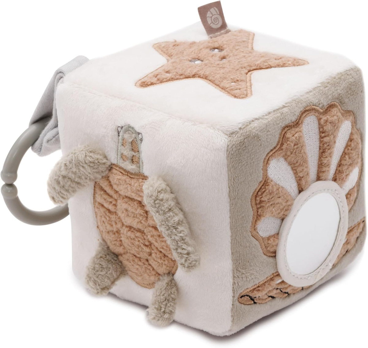 JOLLEIN Activity Cube plyšová závesná kocka s hrkálkou a zrkadielkom 11 x 11 cm