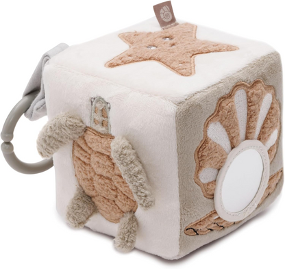 JOLLEIN Activity Cube plyšová závesná kocka s hrkálkou a zrkadielkom 11 x 11 cm