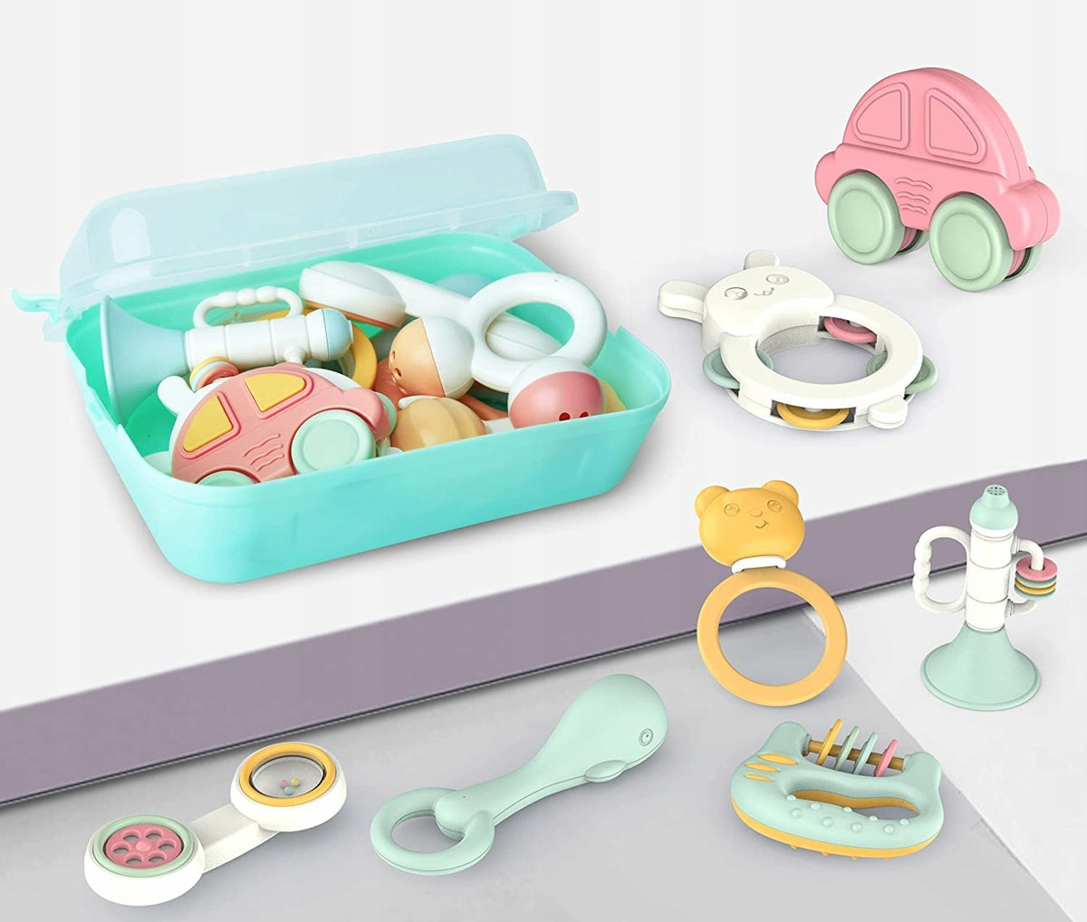 TOYABI Baby Rattles 10 darabos csörgőkészlet + tárolódoboz