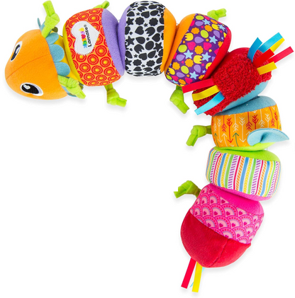 LAMAZE Mix & Match senzorická húsenica s hrkálkou, 8 dielov na suchý zips, 44 cm