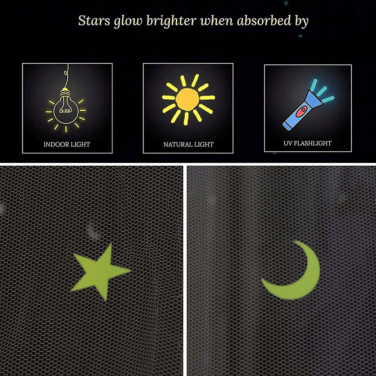 GLOW BED moskytiéra na postieľku a baldachýn s fluorescenčnými hviezdičkami