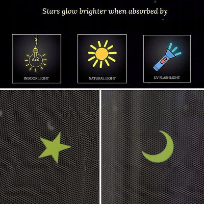 GLOW BED moskytiéra na postieľku a baldachýn s fluorescenčnými hviezdičkami
