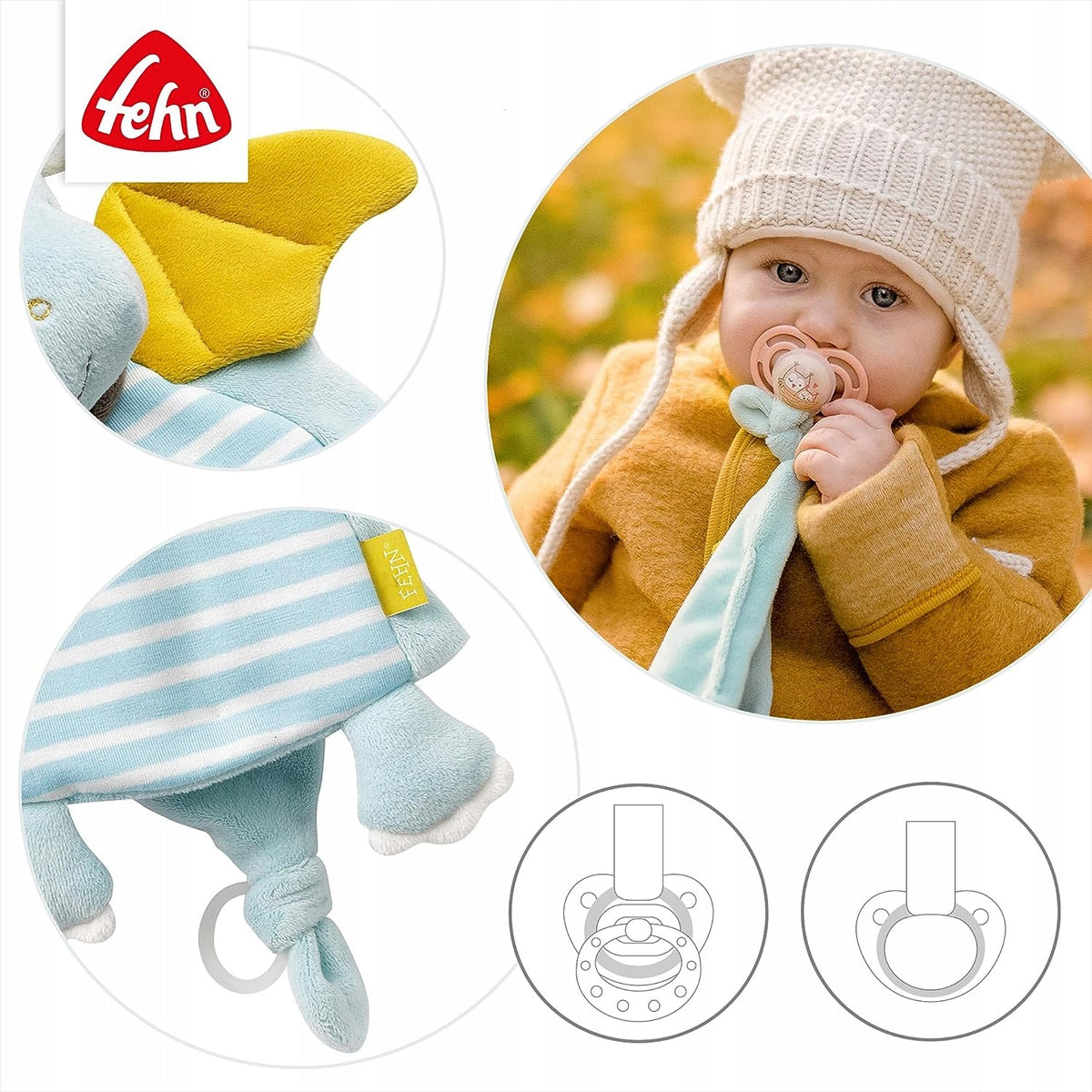 Grafika detali przytulanki Fehn Smok Deluxe oraz dziecka ze smoczkiem przymocowanym do pierścienia.