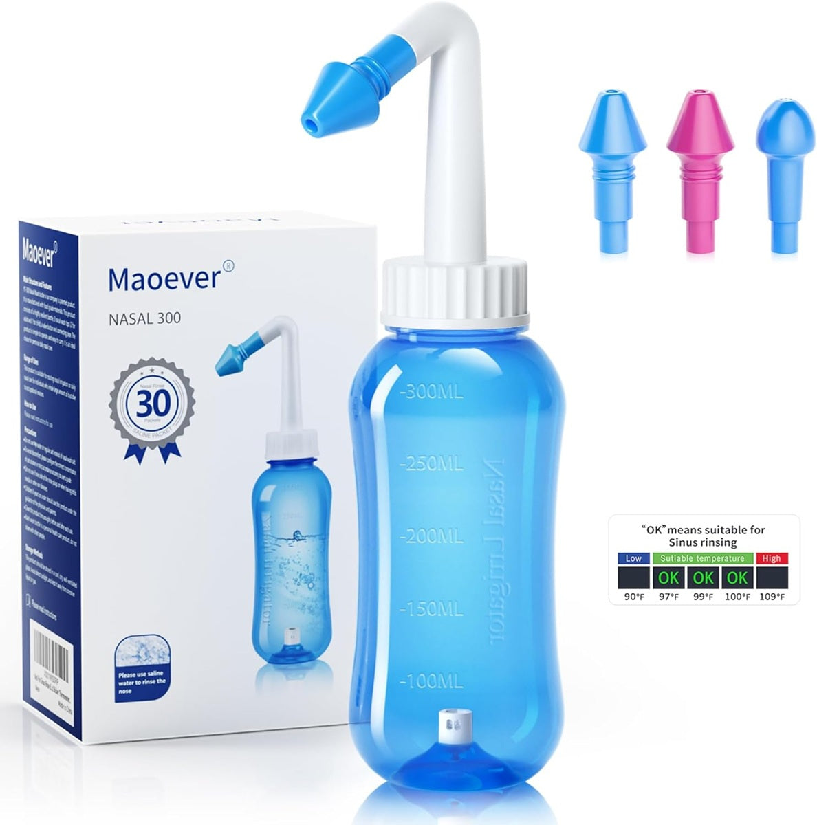 MAOEVER Nasal 300 nosová výplachová pomôcka pre deti a dospelých, 3 koncovky, 300 ml