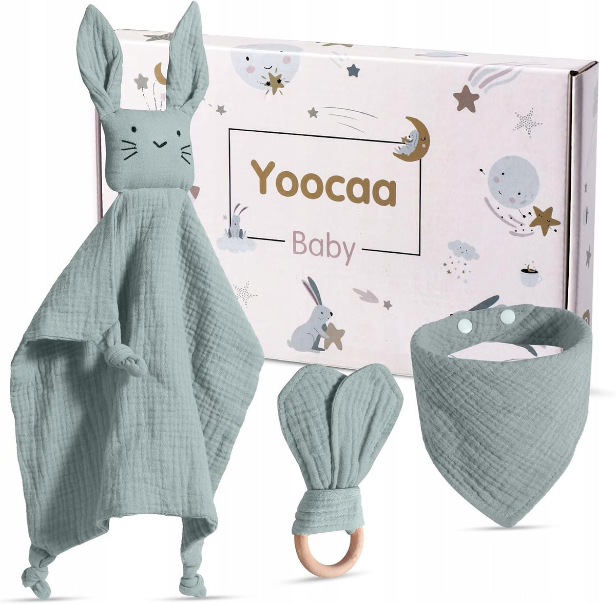 YOOCAA súprava podbradník + drevené hryzadlo + mušelínový mojkáčik 30 x 43 cm