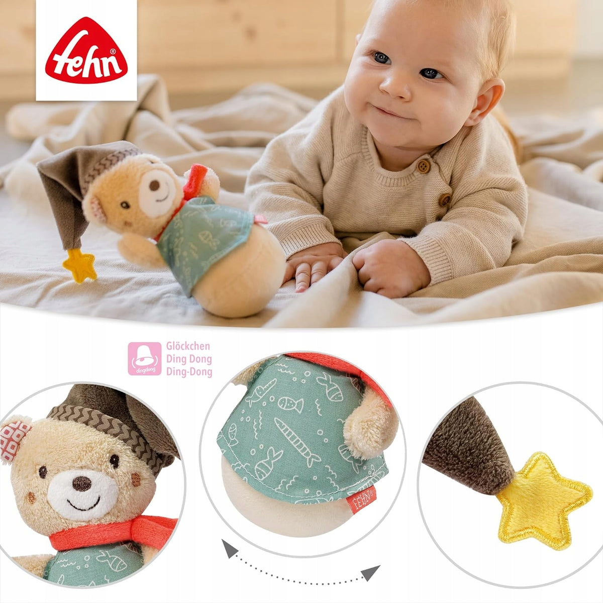 FEHN Medvedík Bruno hrkálka 14cm