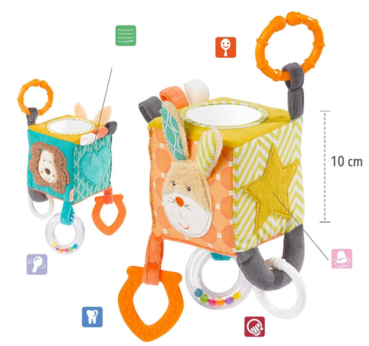 FEHN Activity Cube pluszowa zawieszka kostka z grzechotką 10 x 10 cm – zdjęcie 2