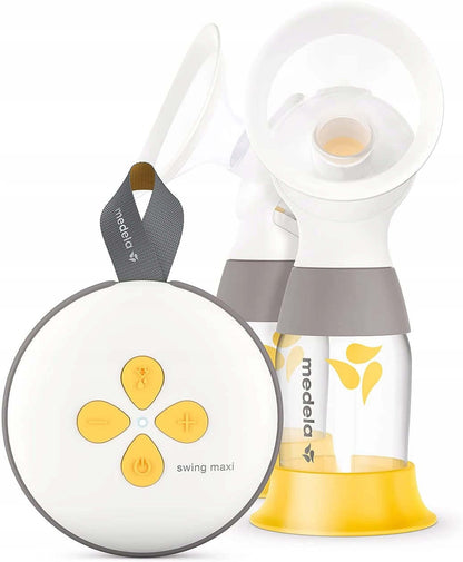 MEDELA Swing Maxi podwójny laktator 2-fazowy, elektryczny laktator Medela biało-żółty z panelami sterowania.