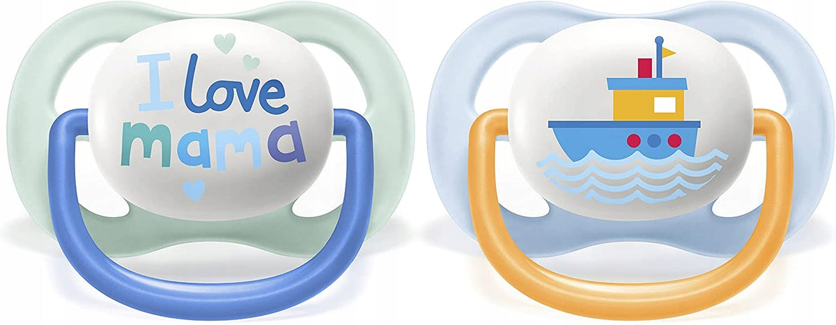 PHILIPS AVENT Ultra Air Happy smoczki x 2 0-6msc z nadrukiem I love mama i statkiem, wolne od BPA